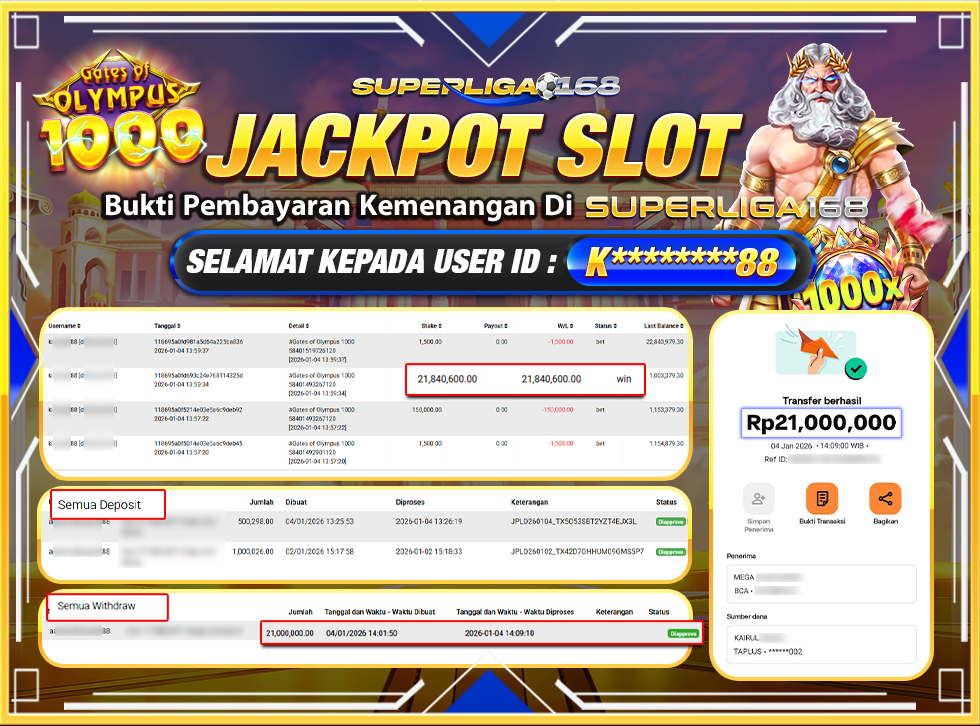 SUPERLIGA168 JACKPOT GATES OF OLYMPUS 1000 Rp.21,000,000,LUNAS